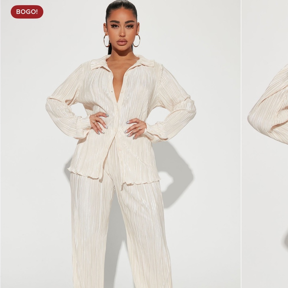 Elegant Cream Women's Two Piece Plisse Set